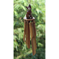 Bamboo Windchime With Cat Painted, Natural Bamboo