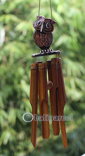 Bamboo Windchime With Owl Painted, Natural Bamboo