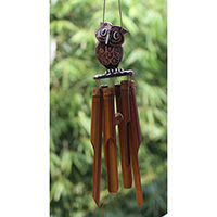 Bamboo Windchime With Owl Painted, Natural Bamboo