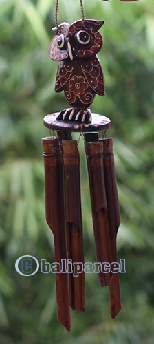 Bamboo Windchime With Owl Painted, Natural Bamboo