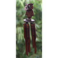 Bamboo Windchime With Owl Painted, Natural Bamboo