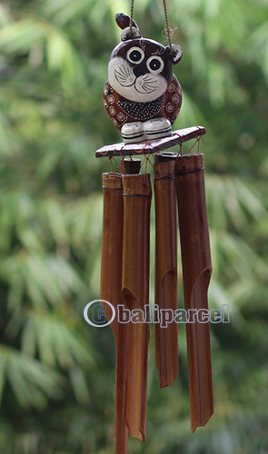 Bamboo Windchime With Cat Painted, Natural Bamboo