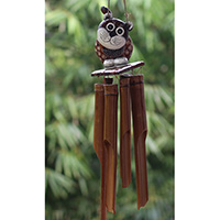 Bamboo Windchime With Cat Painted, Natural Bamboo