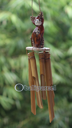 Bamboo Windchime With Cat Painted, Natural Bamboo
