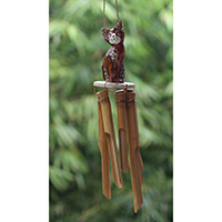 Bamboo Windchime With Cat Painted, Natural Bamboo