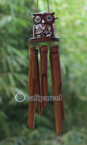 Bamboo Windchime With Owl Painted, Natural Bamboo