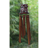 Bamboo Windchime With Owl Painted, Natural Bamboo