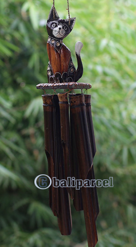 Bamboo Windchime With Cat Painted, Natural Bamboo