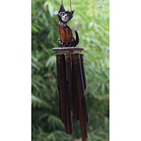Bamboo Windchime With Cat Painted, Natural Bamboo