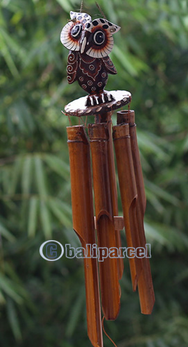 Bamboo Windchime With Owl Painted, Natural Bamboo