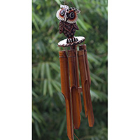 Bamboo Windchime With Owl Painted, Natural Bamboo