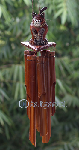 Bamboo Windchime With Cat Painted, Natural Bamboo