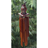 Bamboo Windchime With Cat Painted, Natural Bamboo