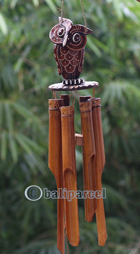 Bamboo Windchime With Owl Painted, Natural Bamboo