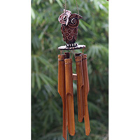 Bamboo Windchime With Owl Painted, Natural Bamboo