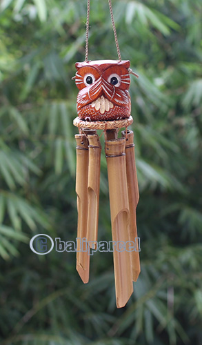 Bamboo Windchime With Owl Painted, Natural Bamboo