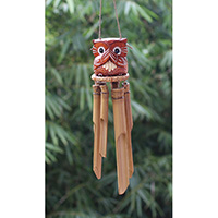 Bamboo Windchime With Owl Painted, Natural Bamboo