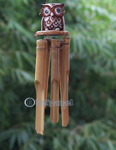 Bamboo Windchime With Owl Painted, Natural Bamboo