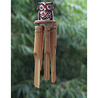 Bamboo Windchime With Owl Painted, Natural Bamboo
