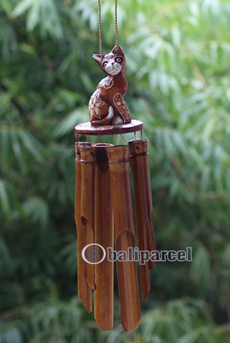 Bamboo Windchime With Cat Painted, Natural Bamboo