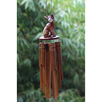 Bamboo Windchime With Cat Painted, Natural Bamboo