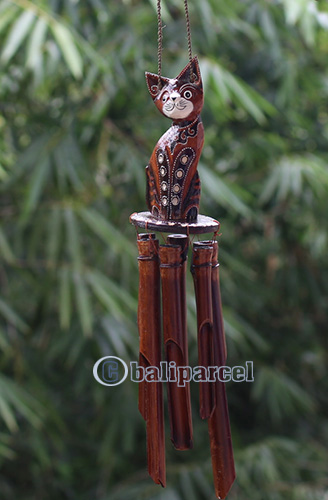 Bamboo Windchime With Cat Painted, Natural Bamboo