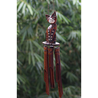 Bamboo Windchime With Cat Painted, Natural Bamboo
