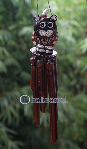 Bamboo Windchime With Cat Painted, Natural Bamboo