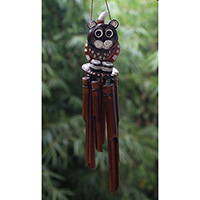 Bamboo Windchime With Cat Painted, Natural Bamboo