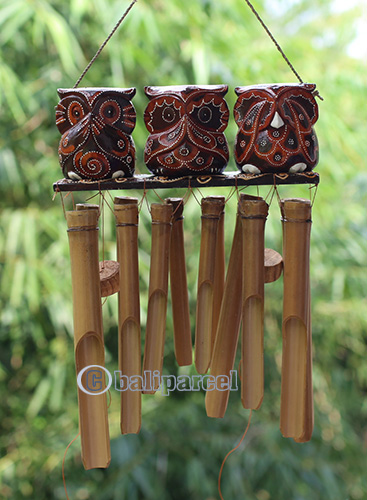 Bamboo Windchime With 3 Owl Painted, Natural Bamboo