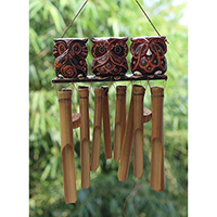 Bamboo Windchime With 3 Owl Painted, Natural Bamboo