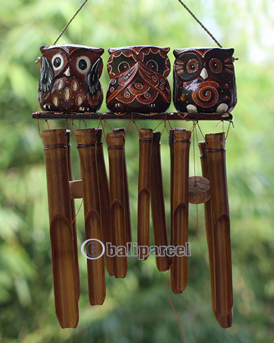 Bamboo Windchime With 3 Owl Painted, Natural Bamboo