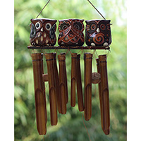 Bamboo Windchime With 3 Owl Painted, Natural Bamboo