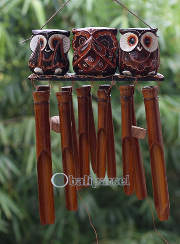 Bamboo Windchime With 3 Owl Painted, Natural Bamboo