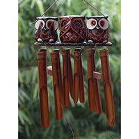 Bamboo Windchime With 3 Owl Painted, Natural Bamboo