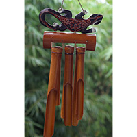Bamboo Windchime With Gecko Painted, Natural Bamboo