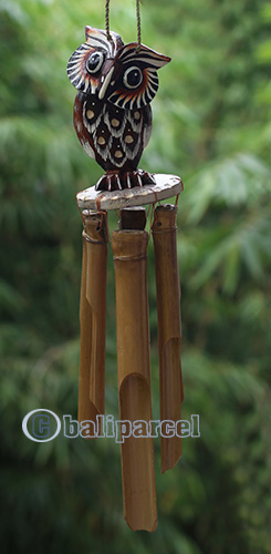 Bamboo Windchime With Owl Painted, Natural Bamboo