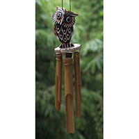 Bamboo Windchime With Owl Painted, Natural Bamboo