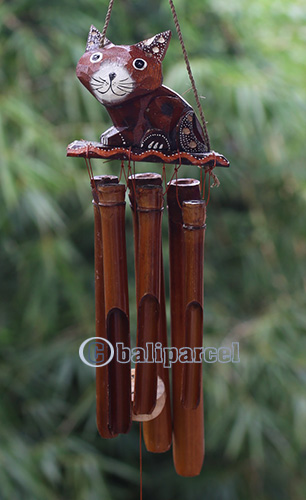 Bamboo Windchime With Cat Painted, Natural Bamboo