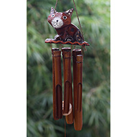 Bamboo Windchime With Cat Painted, Natural Bamboo