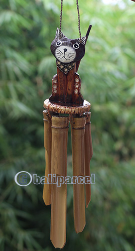 Bamboo Windchime With Cat Painted, Natural Bamboo