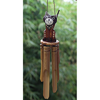 Bamboo Windchime With Cat Painted, Natural Bamboo