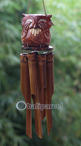 Bamboo Windchime With Owl Painted, Natural Bamboo