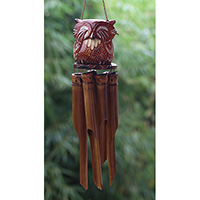 Bamboo Windchime With Owl Painted, Natural Bamboo