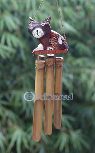 Bamboo Windchime With Cat Painted, Natural Bamboo