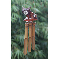 Bamboo Windchime With Cat Painted, Natural Bamboo