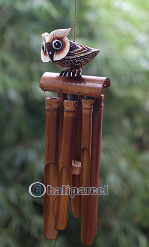 Bamboo Windchime With Owl Painted, Natural Bamboo