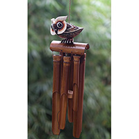 Bamboo Windchime With Owl Painted, Natural Bamboo
