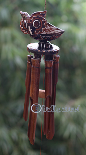 Bamboo Windchime With Owl Painted, Natural Bamboo
