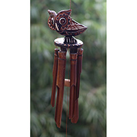 Bamboo Windchime With Owl Painted, Natural Bamboo